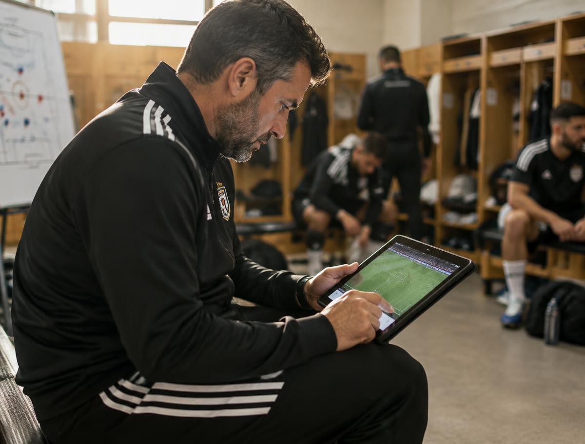 Trainer bekijkt wedstrijdbeelden op een tablet