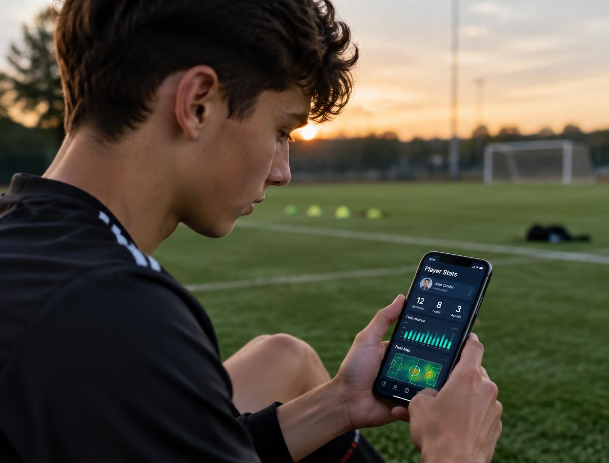 Speler bekijkt zijn persoonlijke statistieken op zijn telefoon